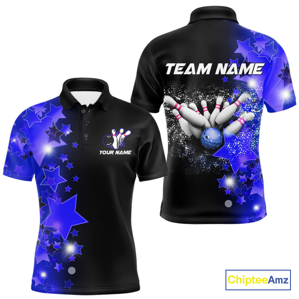 Men bowling Polo, Quarter Zip shirts Custom Blue Stars Bowling Team Bowlers Jersey NQS10598