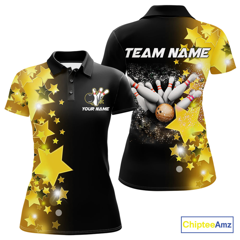 Women's bowling Polo, Quarter Zip shirts Custom Gold Stars Bowling Team Bowlers Jersey NQS10599