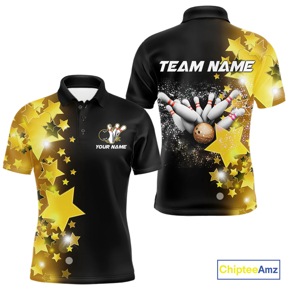 Men bowling Polo, Quarter Zip shirts Custom Gold Stars Bowling Team Bowlers Jersey NQS10599