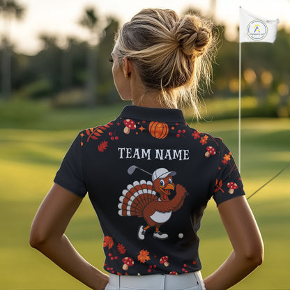 Funny black orange Thanksgiving pattern Golf Polo Shirt For Women custom Turkey golf tops NQS10838