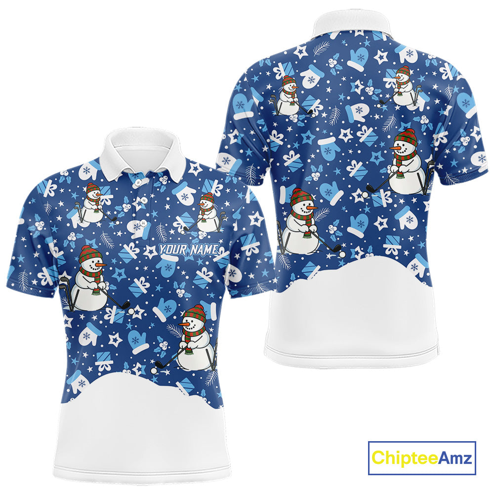 Blue and White Snowman Christmas pattern Golf Polo shirts For men Custom mens Christmas golf shirts NQS11004