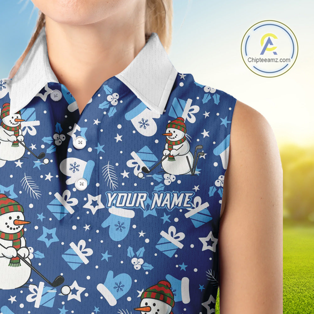 Blue & White Snowman Christmas pattern Sleeveless Golf Polo shirt Custom ladies Christmas golf shirts NQS11004