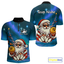 Load image into Gallery viewer, Funny Santa Christmas Bowling Shirts For Men Custom Blue Christmas Night Bowling Team Jersey NQS11010