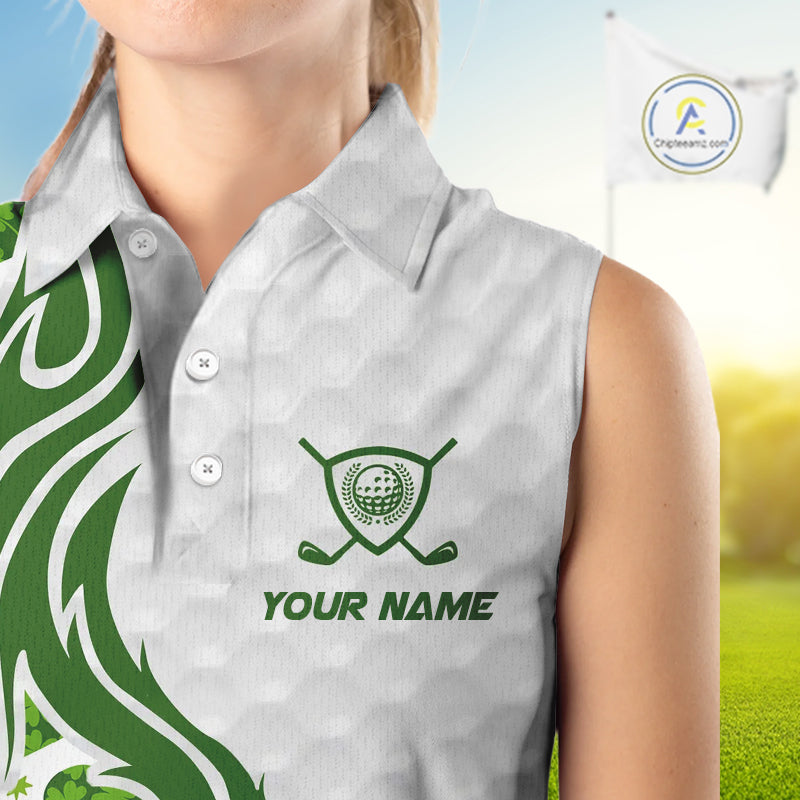 Custom White and Green St Patrick's day pattern Sleeveless Golf Polo Shirts, team ladies golf outfit NQS11209