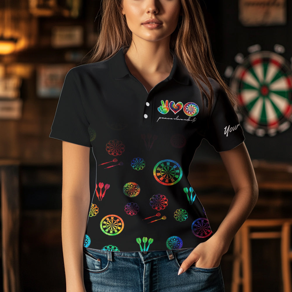 Personalized Colorful tie dye Black Camo Darts Shirts For Women Custom Peace Love Darts Team Jerseys NQS9484