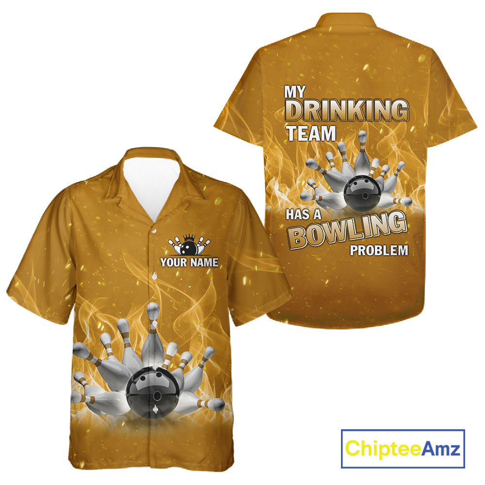 Personalized Yellow Flame Funny Bowling Button-up shirts My drinking team has a bowling problem NQS11616