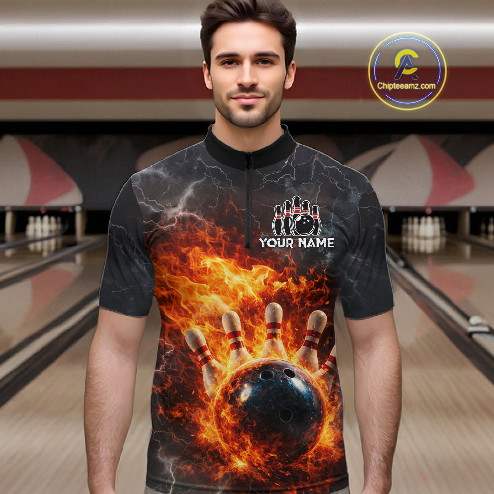 Custom Orange Flame Lightning Thunder Bowling shirts for Men, bowling team jerseys gift for bowlers NQS11618