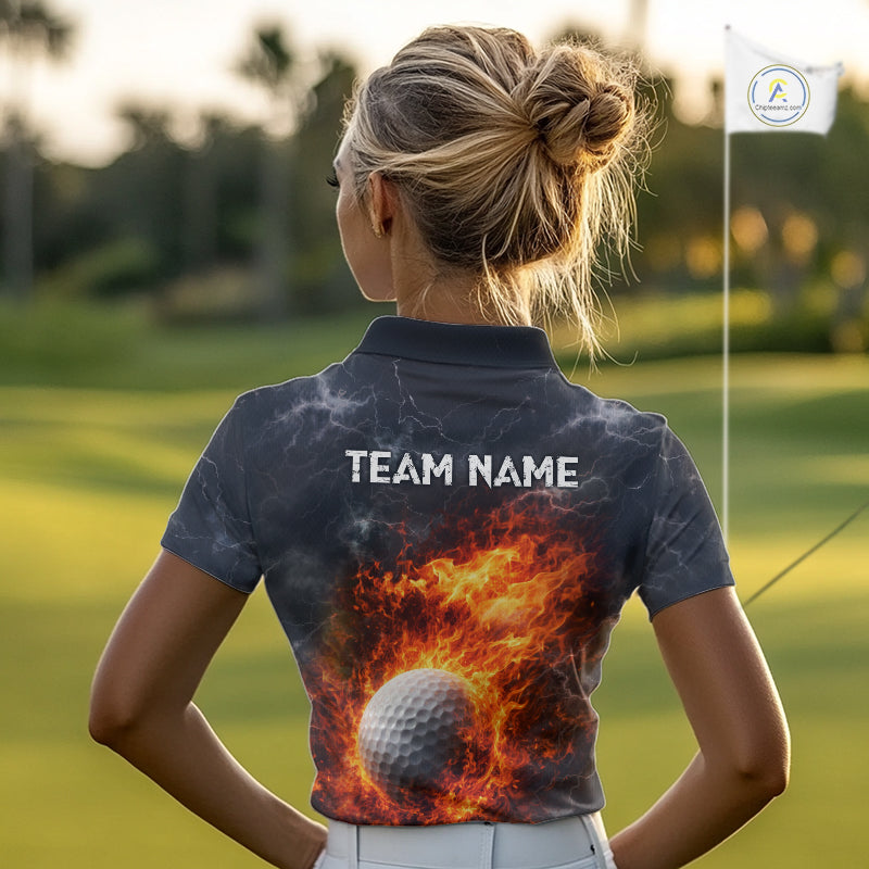 Custom Orange Flame Lightning Thunder Womens Golf Polo Shirt, Golf attire For Ladies Golfing Gifts NQS11619