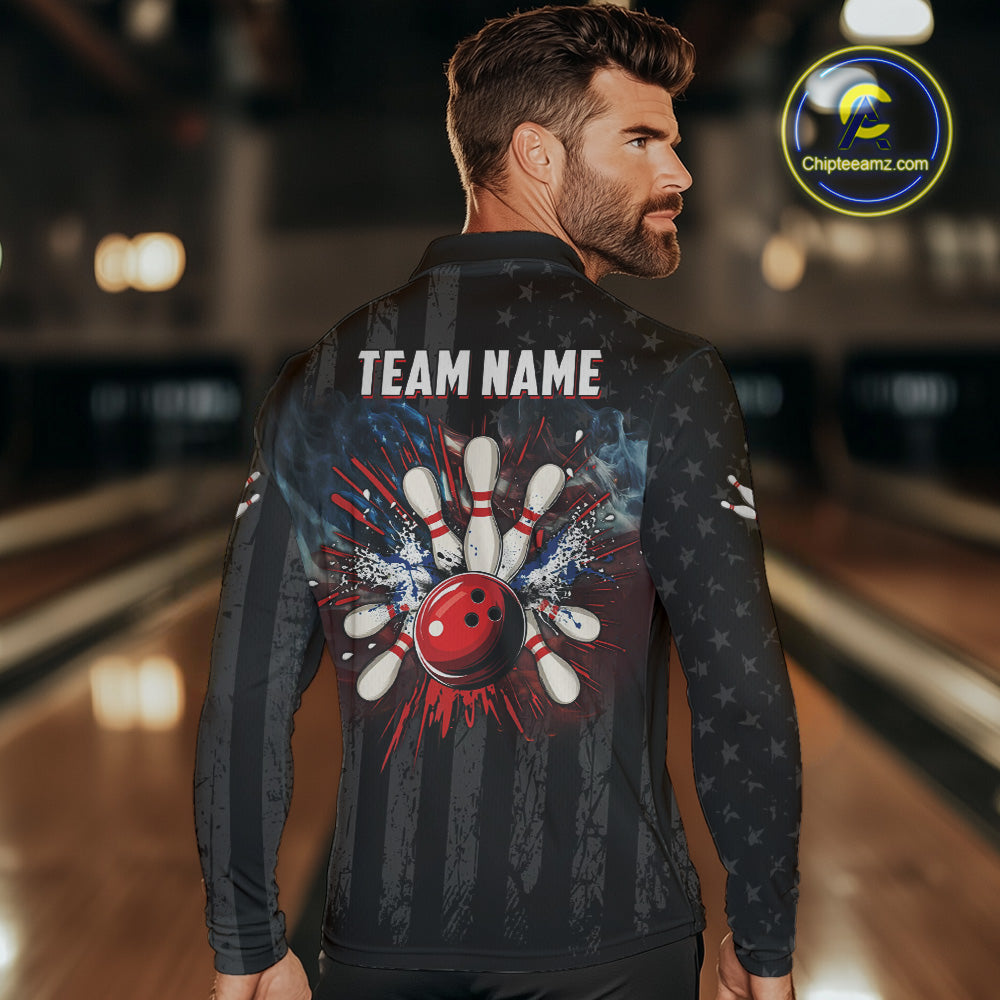 Black Texas flag smoke Men Bowling Polo, Quarter Zip shirt Custom Patriotic Team Bowling Jersey NQS10402