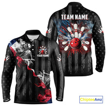 Load image into Gallery viewer, Black Texas flag smoke Men Bowling Polo, Quarter Zip shirt Custom Patriotic Team Bowling Jersey NQS10402
