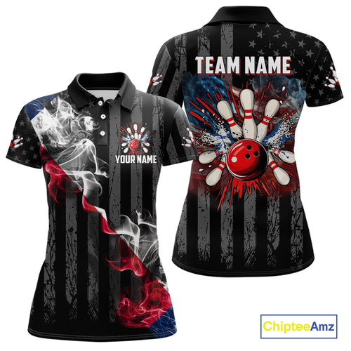 Black Texas flag smoke Women Bowling Polo, Quarter Zip shirt Custom Patriotic Team Bowling Jersey NQS10402