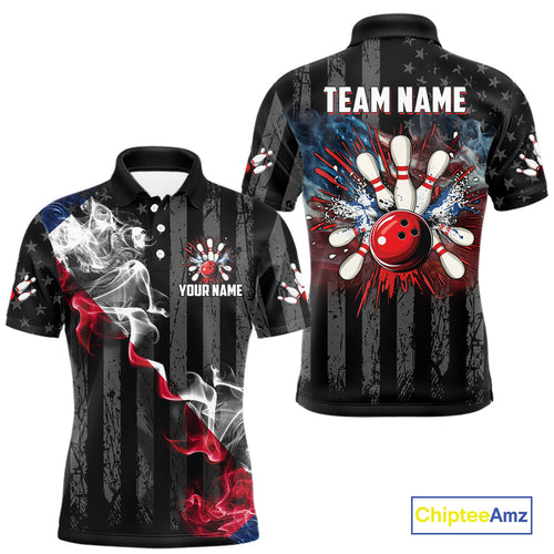 Black Texas flag smoke Men Bowling Polo, Quarter Zip shirt Custom Patriotic Team Bowling Jersey NQS10402