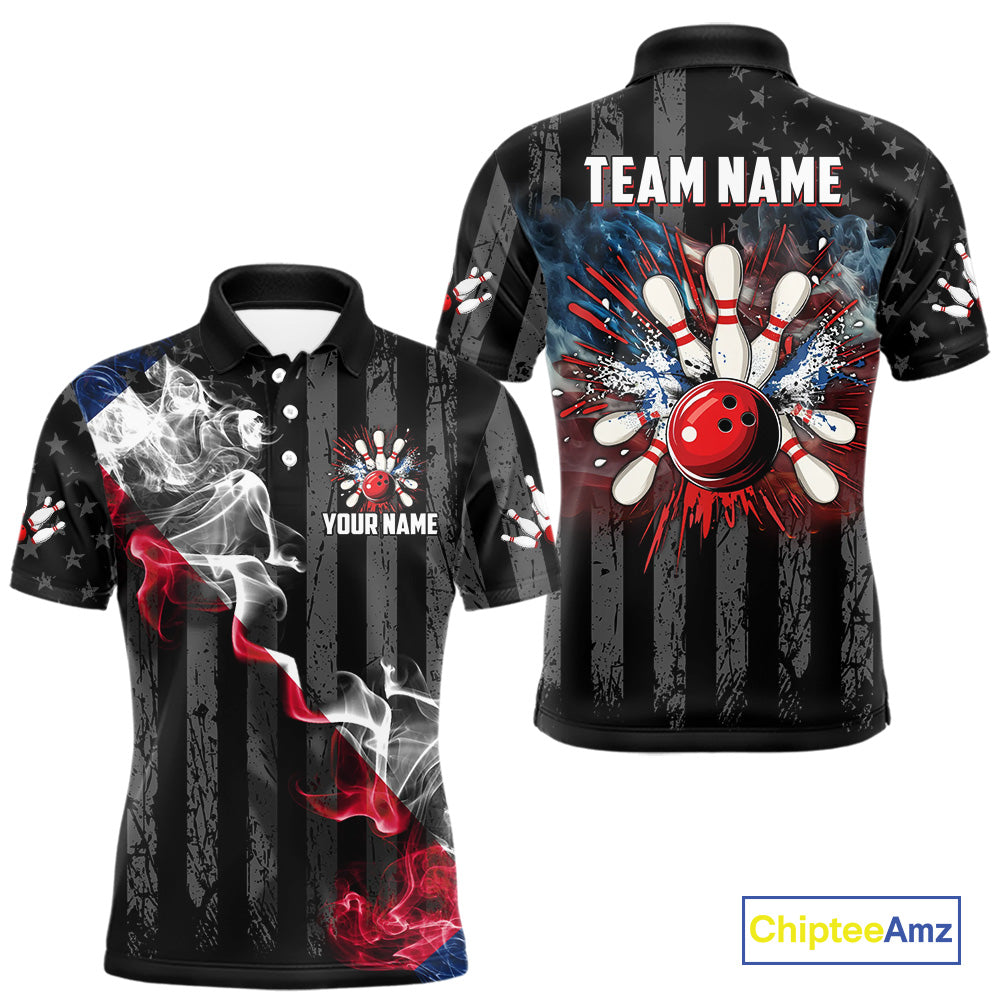 Black Texas flag smoke Men Bowling Polo, Quarter Zip shirt Custom Patriotic Team Bowling Jersey NQS10402