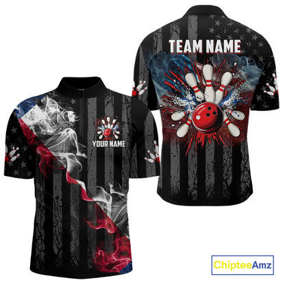 Black Texas flag smoke Men Bowling Polo, Quarter Zip shirt Custom Patriotic Team Bowling Jersey NQS10402