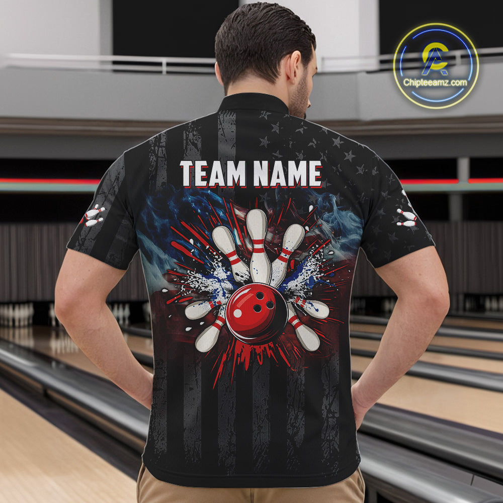 Black Texas flag smoke Men Bowling Polo, Quarter Zip shirt Custom Patriotic Team Bowling Jersey NQS10402