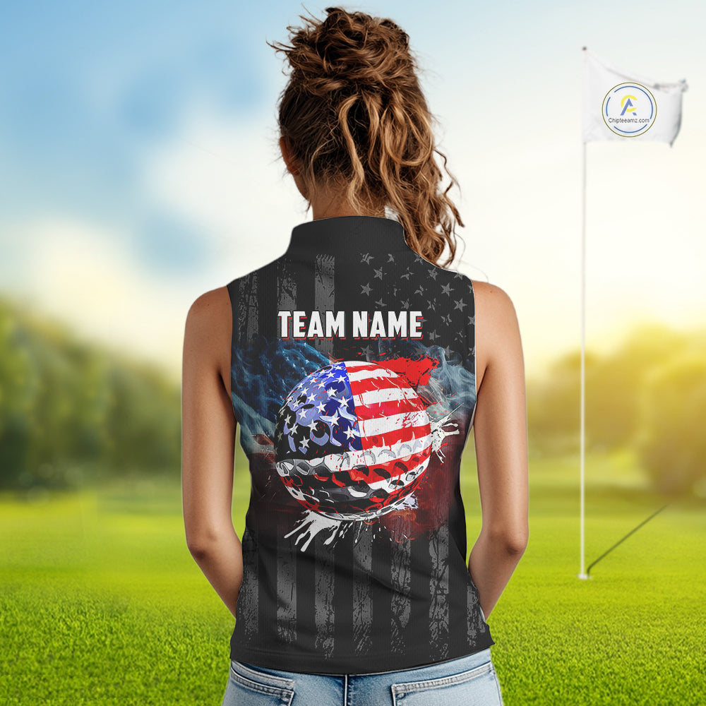 Black American flag smoke Women's Sleeveless Polo Shirt Custom Patriotic Team Golf attire NQS10615