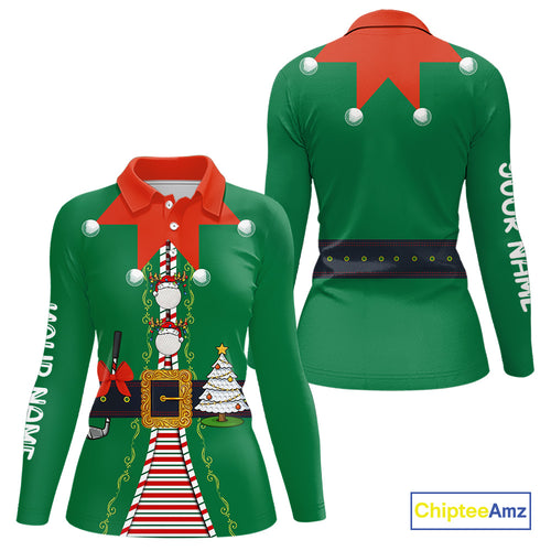 Green and Red Funny Elf Christmas Golf Polo shirts For Women Custom ladies Christmas golf tops NQS11019