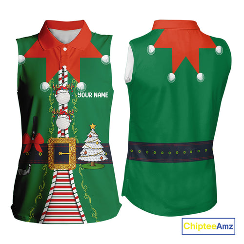 Green and Red Funny Elf Christmas Sleeveless Golf Polo shirt Custom ladies Christmas golf tops NQS11019