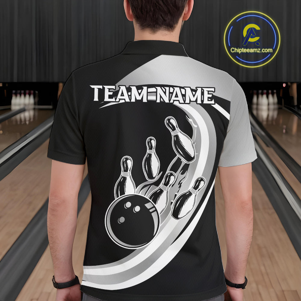 Black and Silver Bowling Shirts For Men Custom Bowling Team League Jerseys, Gift For Bowler NQS11416