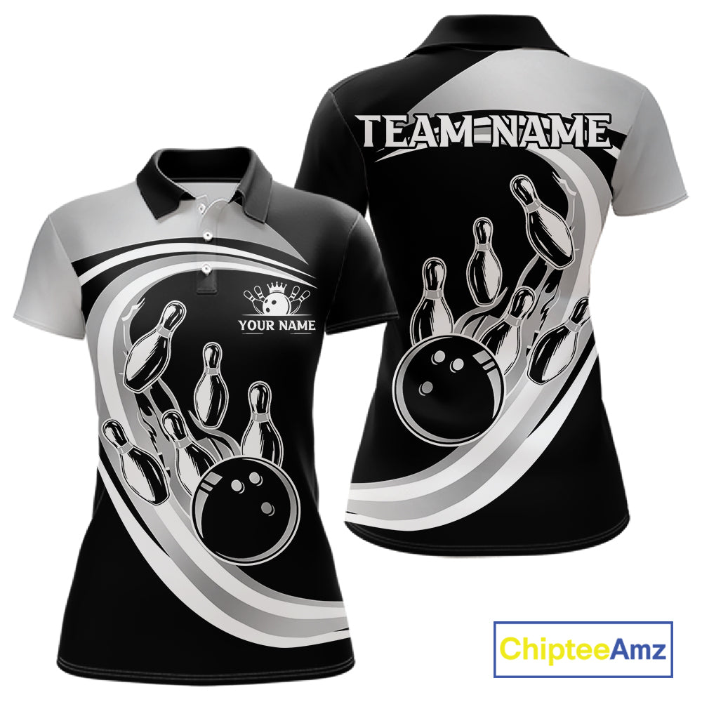 Black and Silver Bowling Shirts For Women Custom Bowling Team League Jerseys, Gift For Bowler NQS11416