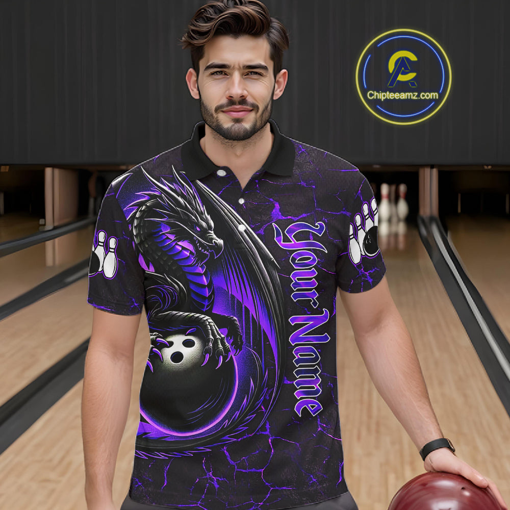 Black And Purple Custom Dragon Bowling Shirts For Men, Dragon Bowling Team Shirts NQS11621