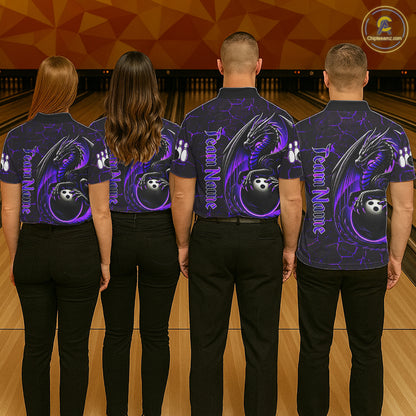 Black And Purple Custom Dragon Bowling Shirts For Men, Dragon Bowling Team Shirts NQS11621