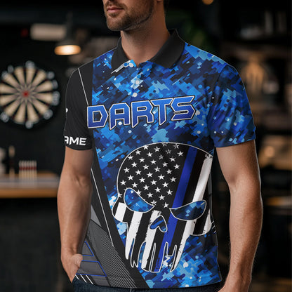 Black and White American Flag Skull Darts Blue Camo Darts Shirts For Men Custom Team Darts Jersey NQS9653