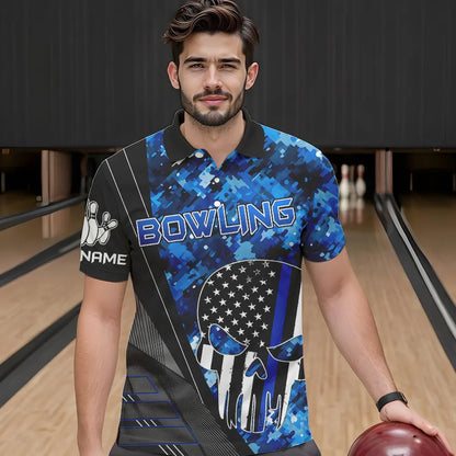 Black and White American Flag Skull Blue Camo Bowling Shirts For Men Custom Team Bowling Jerseys NQS9654
