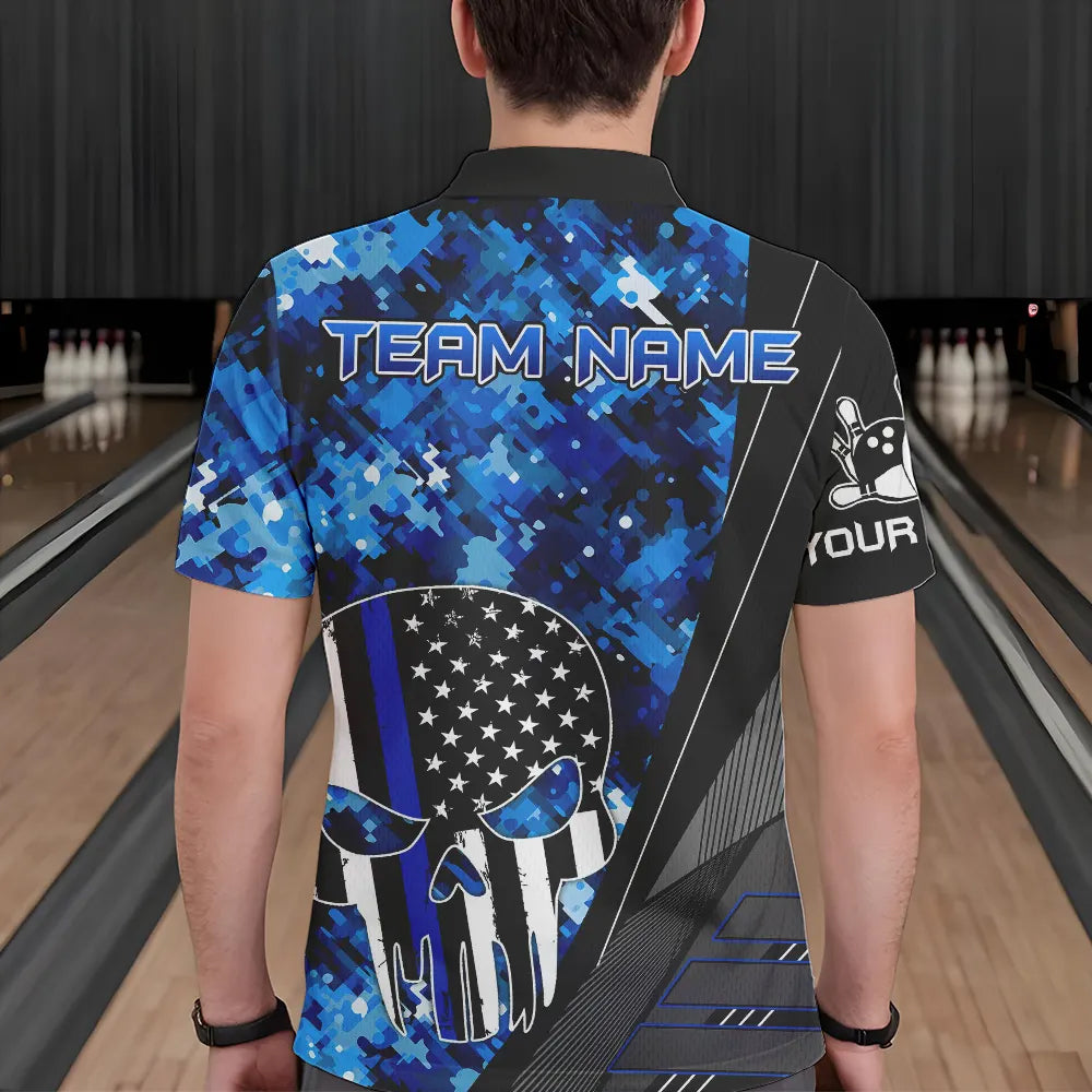 Black and White American Flag Skull Blue Camo Bowling Shirts For Men Custom Team Bowling Jerseys NQS9654