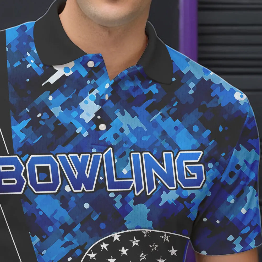 Black and White American Flag Skull Blue Camo Bowling Shirts For Men Custom Team Bowling Jerseys NQS9654