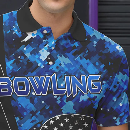 Black and White American Flag Skull Blue Camo Bowling Shirts For Men Custom Team Bowling Jerseys NQS9654