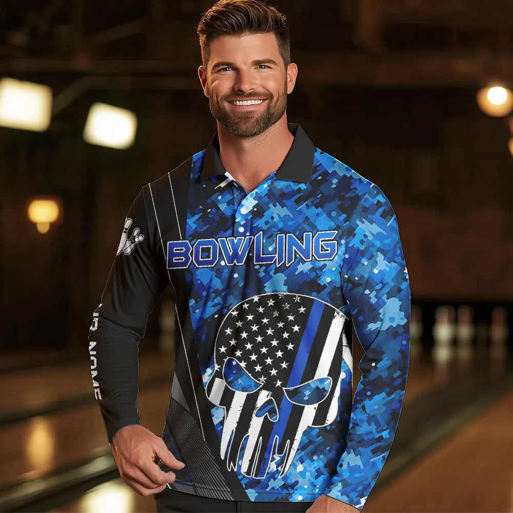 Black and White American Flag Skull Blue Camo Bowling Shirts For Men Custom Team Bowling Jerseys NQS9654