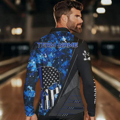 Black and White American Flag Skull Blue Camo Bowling Shirts For Men Custom Team Bowling Jerseys NQS9654