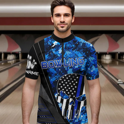Black and White American Flag Skull Blue Camo Bowling Shirts For Men Custom Team Bowling Jerseys NQS9654