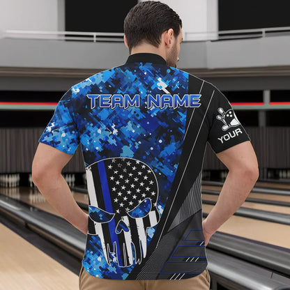 Black and White American Flag Skull Blue Camo Bowling Shirts For Men Custom Team Bowling Jerseys NQS9654