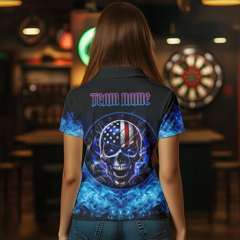Blue Flame Smoke American Flag Eagle Skull Women Darts Polo, 1/4 Zip Shirts Custom Darts Team Jersey NQS9658