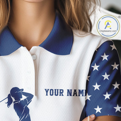 Red, White and Blue American Flag Golf polo shirt for Women custom patriotic ladies golf outfit NQS11728