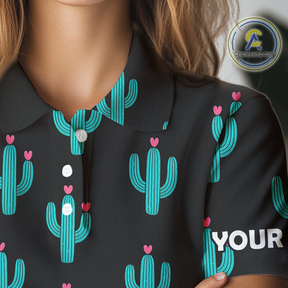 Personalized black & green cactus flower pattern Women golf polo shirts custom cactus golf shirts NQS9942