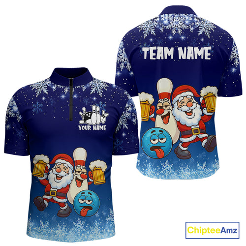 Funny Santa Drink Beer Blue snowflake Bowling Shirts For Men Custom Christmas Bowling Team Jerseys NQS11056