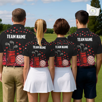 Black & Red Heart Pattern Valentine matching golf polo shirts for couples Custom couples golf outfits NQS11229