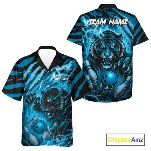Personalized Tiger Bowling Hawaiian Shirt, Blue Flame Lightning Thunder Tiger Team Bowling Jerseys NQS11232