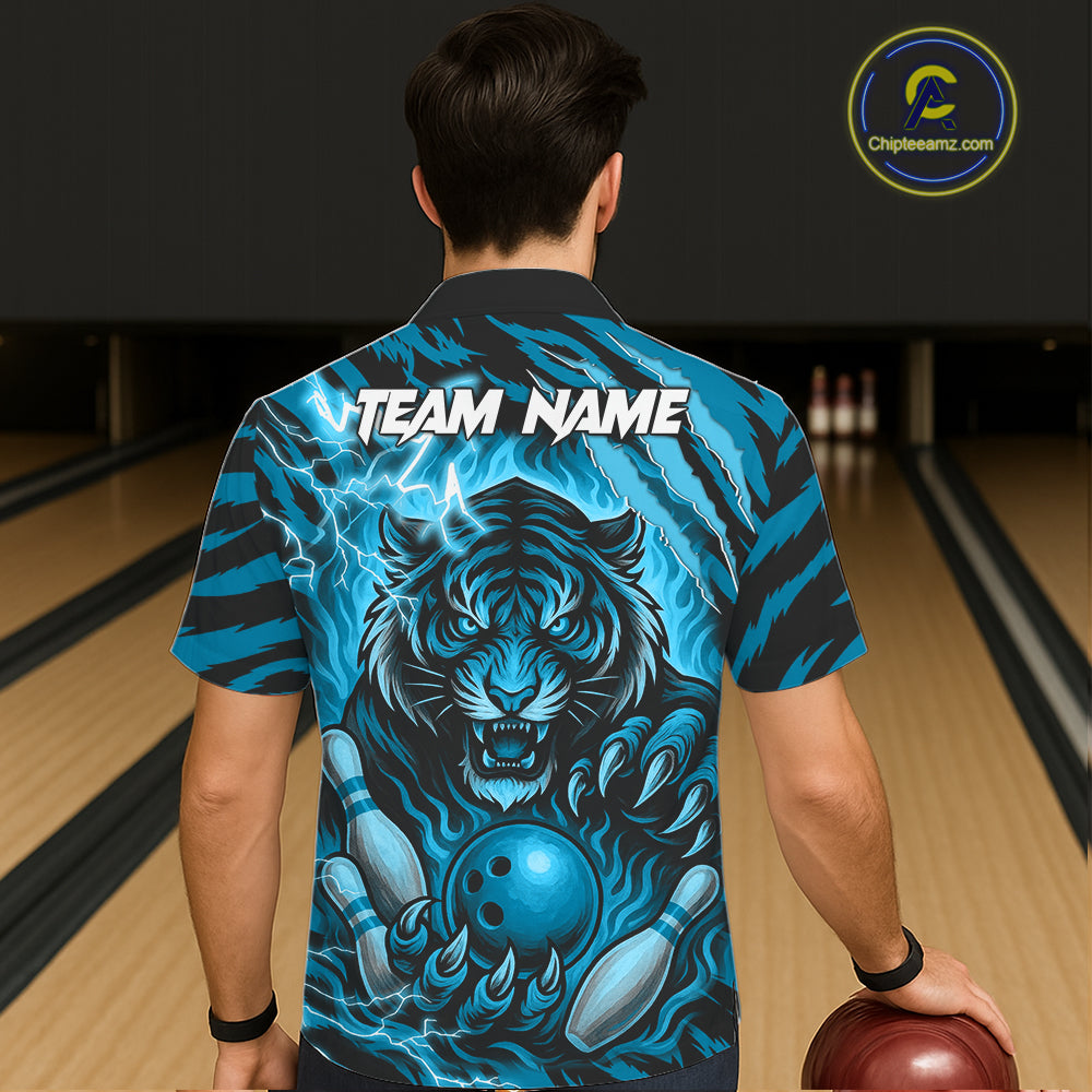 Personalized Tiger Bowling Hawaiian Shirt, Blue Flame Lightning Thunder Tiger Team Bowling Jerseys NQS11232