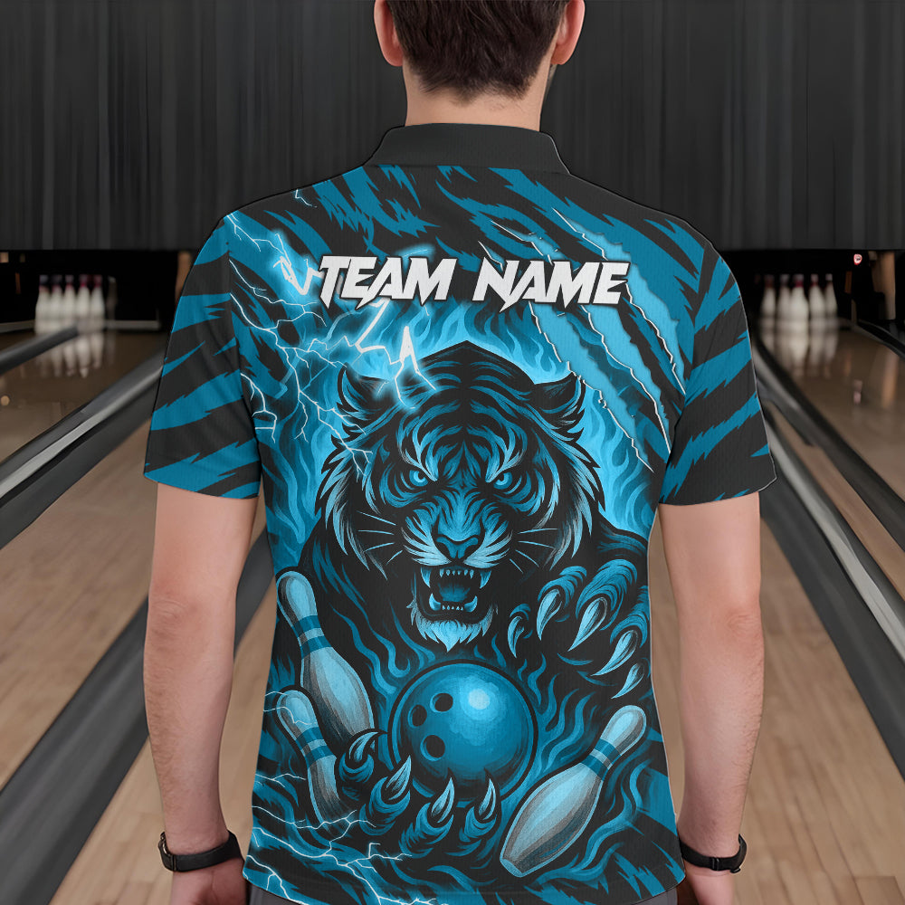 Personalized Tiger Bowling Shirts For Men, Blue Flame Lightning Thunder Tiger Team Bowling Jerseys NQS11232