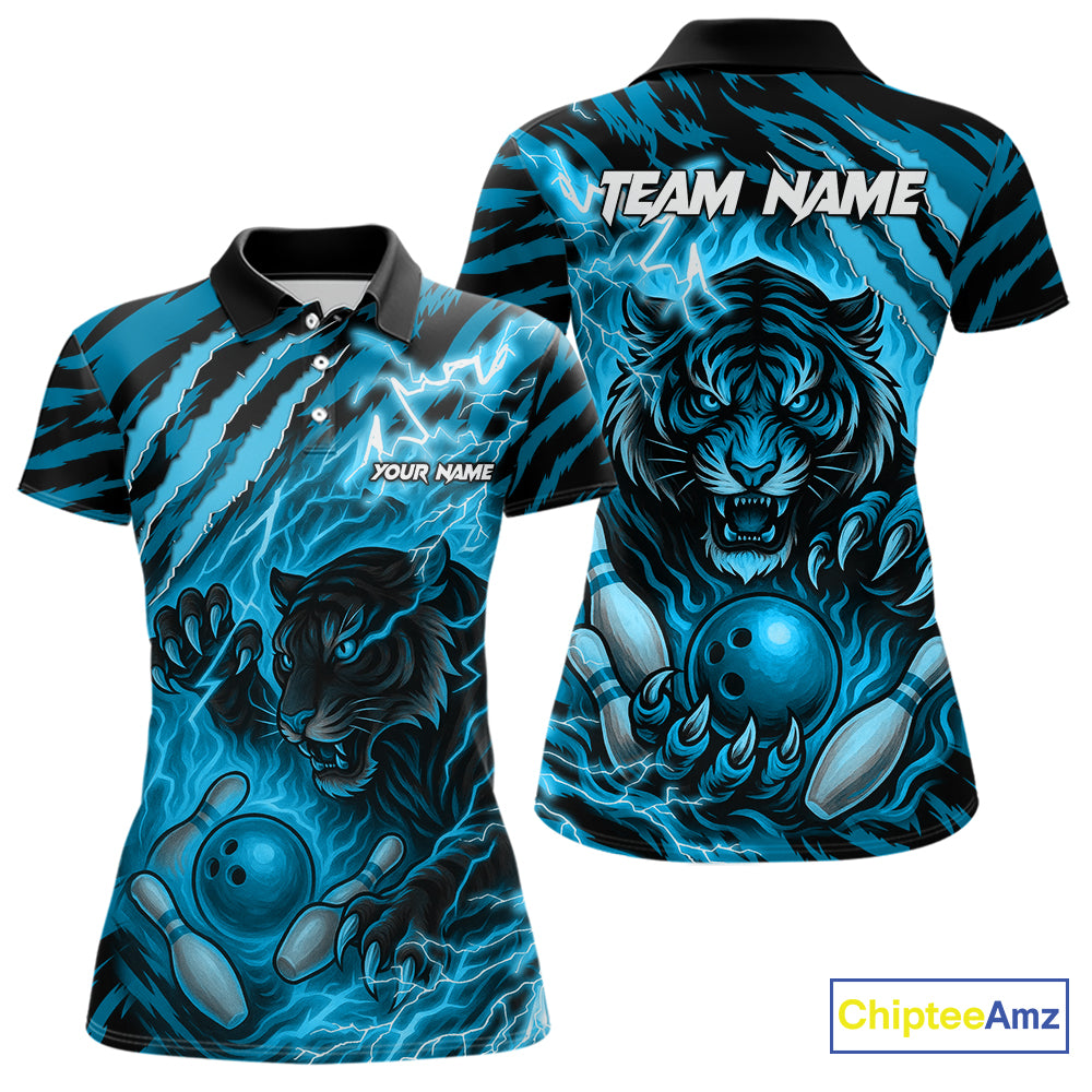 Personalized Tiger Bowling Shirts For Women, Blue Flame Lightning Thunder Tiger Team Bowling Jerseys NQS11232