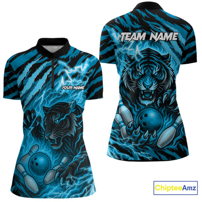 Personalized Tiger Bowling Shirts For Women, Blue Flame Lightning Thunder Tiger Team Bowling Jerseys NQS11232