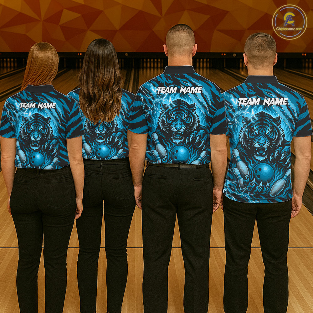 Personalized Tiger Bowling Shirts For Women, Blue Flame Lightning Thunder Tiger Team Bowling Jerseys NQS11232