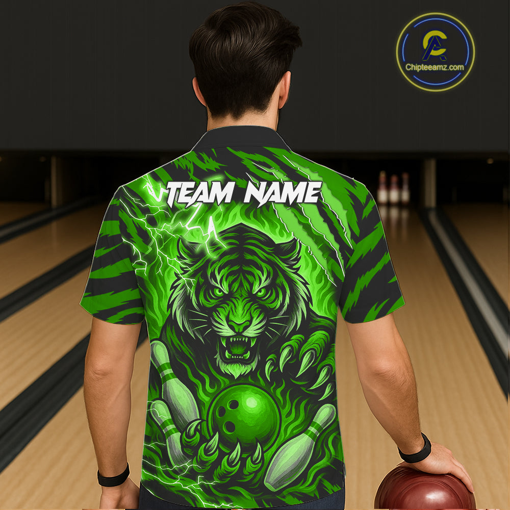 Personalized Tiger Bowling Hawaiian Shirt, Green Flame Lightning Thunder Tiger Team Bowling Jerseys NQS11233