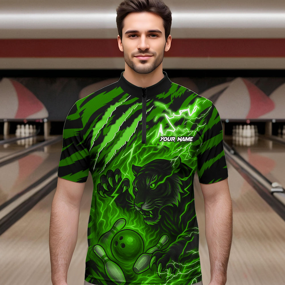 Personalized Tiger Bowling Shirts For Men, Green Flame Lightning Thunder Tiger Team Bowling Jerseys NQS11233