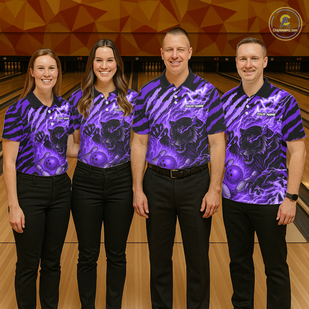 Personalized Tiger Bowling Shirts For Men, Purple Flame Lightning Thunder Tiger Team Bowling Jerseys NQS11234