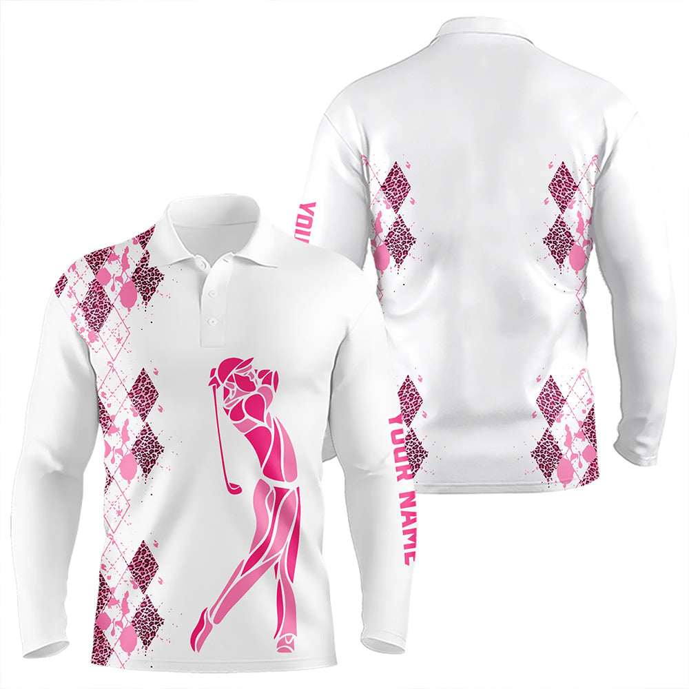 Pink Leopard argyle pattern white Men golf polo shirts custom golf wear for men, unique golf gifts NQS9349